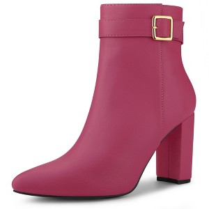 Allegra K Women's Pointed Toe Buckle Decor Heel Ankle Boots - 1 of 4