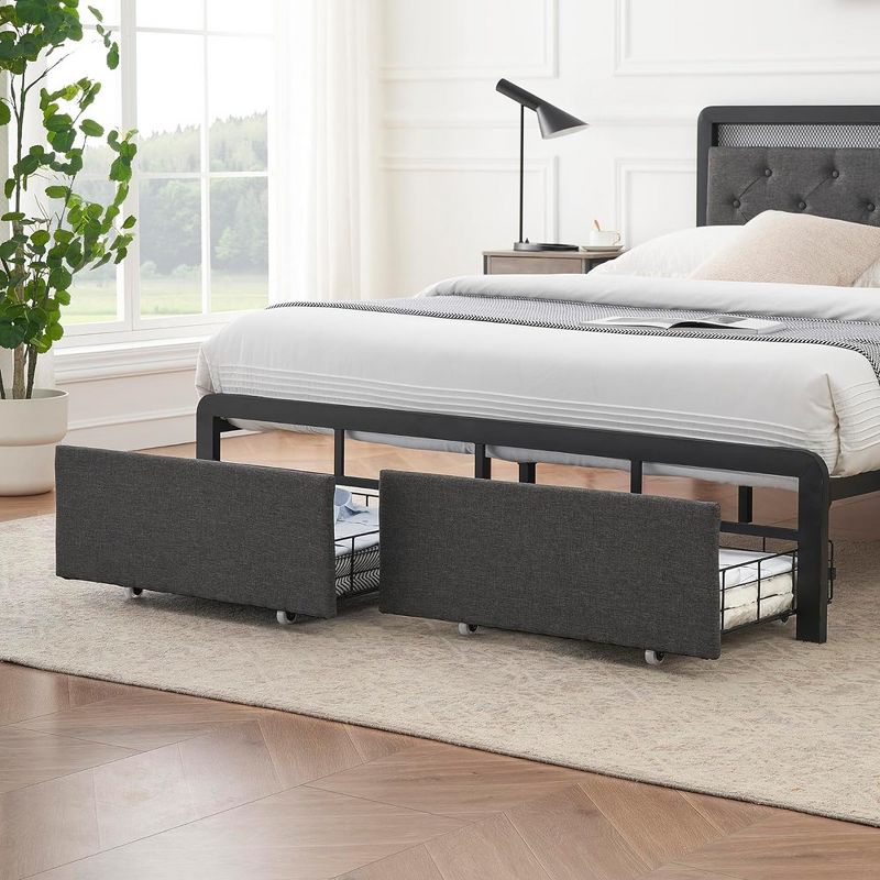 Whizmax LED Bed Frame with 2 Storage Drawers, Upholstered Platform Bed with Storage, Dark Grey, 3 of 9