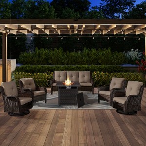 6 Pieces Brown Wicker Patio Furniture Set with Propane Fire Pit Table, All Weather Wicker Patio Set with Square Fire Pit Table and Swivel Patio Chair - 1 of 4