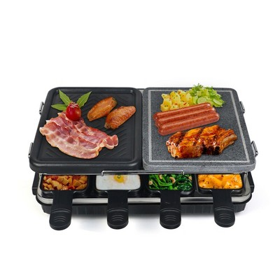 Dual Raclette Table Grill w Non-Stick Grilling Plate & Cooking Stone- 8 Person Electric Tabletop Cooker
