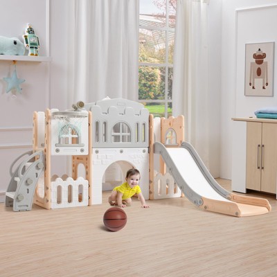 8 in 1 Toddler Slide, Indoor Kids Slide for Toddler 1-3, Indoor Playground with Slide, Basketball Hoop
