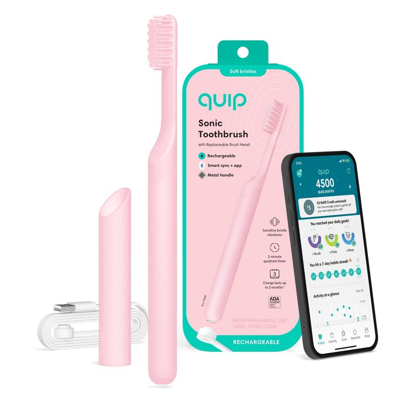 quip Smart Rechargeable Sonic Electric Toothbrush - Metal | Timer + Travel Case/Mount, 1 of 12