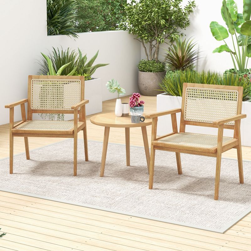 Costway 1/2 PCS Wood Chair Indonesia Teak Wood Armchair with Natural Rattan Seat & Back Patio Chair for Porch, 4 of 9