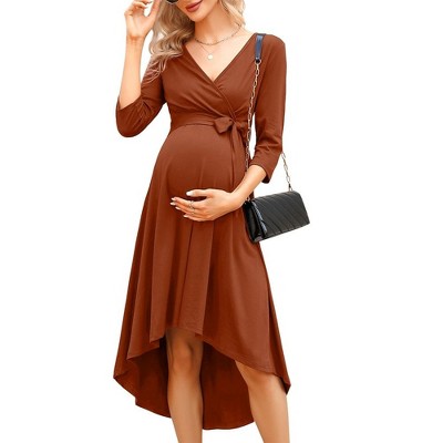 WhizMax Women's Maternity Dress Wrap V Neck 3/4 Sleeve Dress Casual Hi-Low Midi Nursing Breastfeeding Dress with Belted