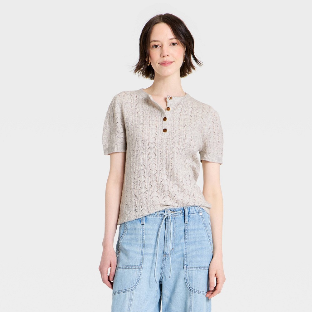 Women's Short Sleeve Heirloom Henley Pullover Sweater - Universal Thread™ Heather Gray M