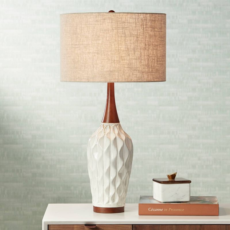 360 Lighting Rocco Modern Mid Century Table Lamp 30" Tall White Geometric Ceramic Wood Tan Fabric Drum Shade for Bedroom Living Room Bedside Office, 3 of 12