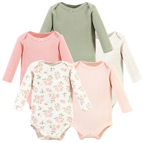 Hudson Baby Infant Girl Thermal Long Sleeve Bodysuits, Soft Pink Sage Rose  : Target