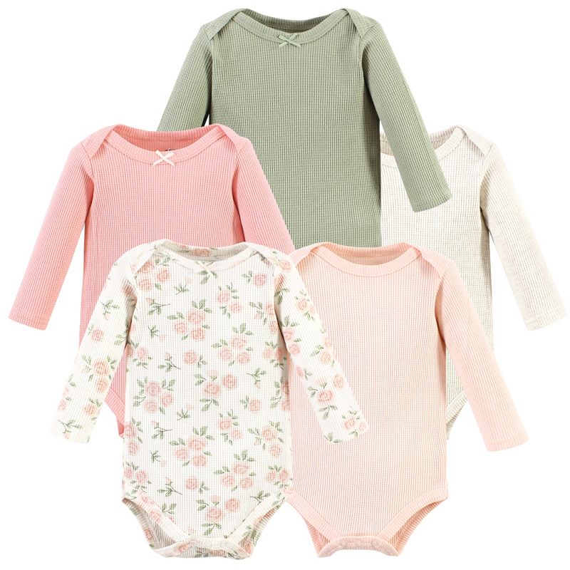 Hudson Baby Infant Girl Thermal Long Sleeve Bodysuits, Soft Pink Sage Rose, 1 of 8