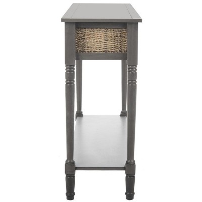 Gray Transitional Wood Console Table with Wicker Storage