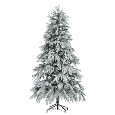 JUJABU 6FT Pre-Lit Snow Flocked Spruce Christmas Tree with 300 Multi-Color Lights, 8 Lighting Modes & 790 Tips, Festive Decor for Home or Office