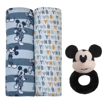 Disney Mickey Mouse 100% Cotton Muslin Swaddles with Plush Rattle - 2pk