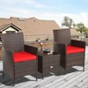 Tangkula 3 Pieces Patio Rattan Conversation Furniture Wicker Chairs with Coffee Table & Cushions Red/Blue/White - 3 of 4