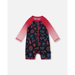 Deux par Deux Girl Printed Long Sleeve One-Piece Rashguard Black and Blue and Pink Items - 1 of 4