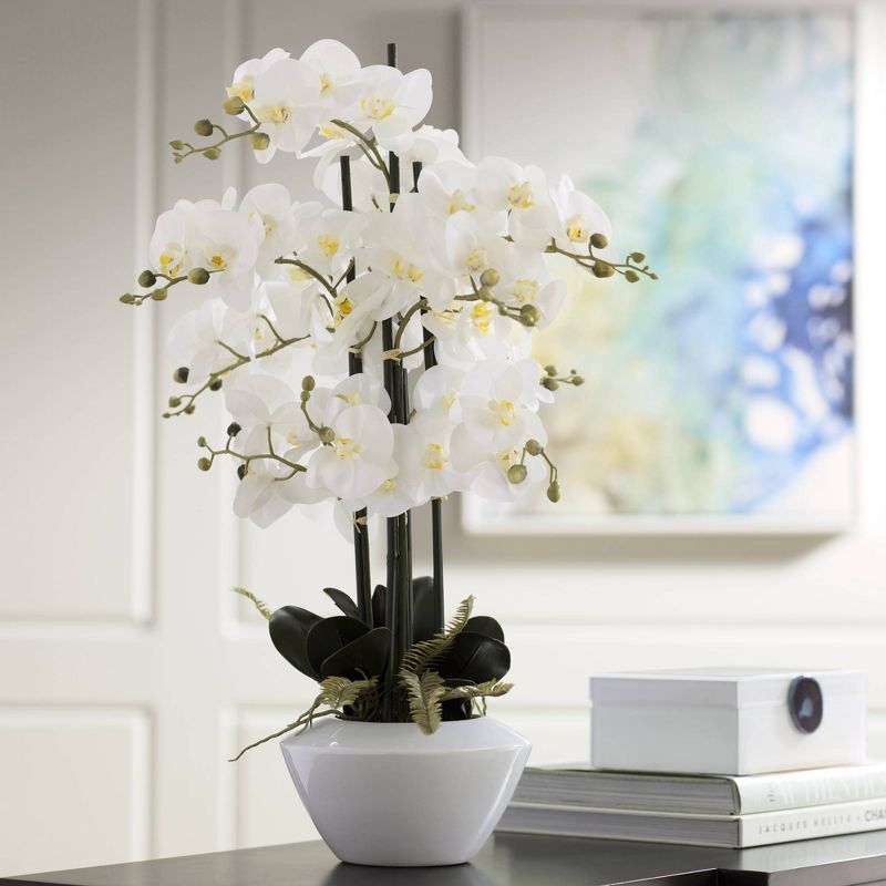 Dahlia Studios Potted Faux Artificial Flowers Realistic White Phalaenopsis Orchid in White Ceramic Pot Home Decoration 29" High, 2 of 7
