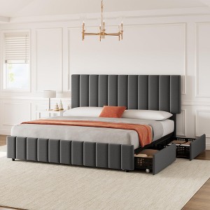 Bed Frame with 4 Storage Drawers, Linen Upholstered Platform Bed Frame, Adjustable Height Headboard, No Box Spring Needed - 1 of 4