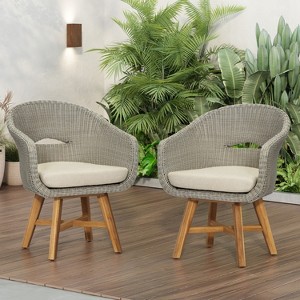 Christopher Knight Home Ione Outdoor Aluminum, Rattan and Acacia Dining Arm Chair with Cushion (Set of 2) - 1 of 4