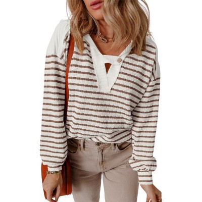 Amaryllis Women’s Textured Stripe Long Sleeve Top Contrast Knit Collared V Neckline Button Accent
