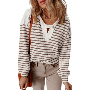 Amaryllis Women’s Textured Stripe Long Sleeve Top Contrast Knit Collared V Neckline Button Accent - 1 of 4