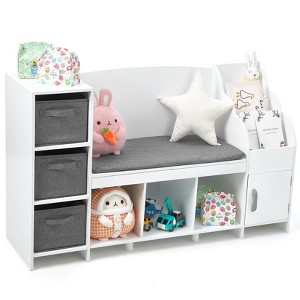White Kids Reading Nook Bench with Bookshelf, Kids Bookcase and Storage Organizer - 1 of 4