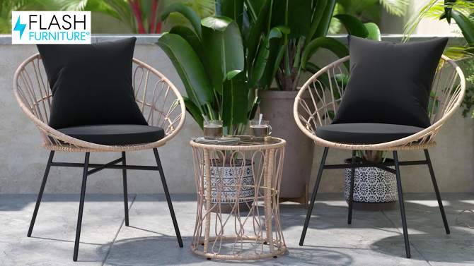 Flash Furniture Devon 3-Piece Indoor/Outdoor Bistro Set, Papasan Style Rattan Rope Chairs, Glass Top Side Table & Cushions, 2 of 16, play video