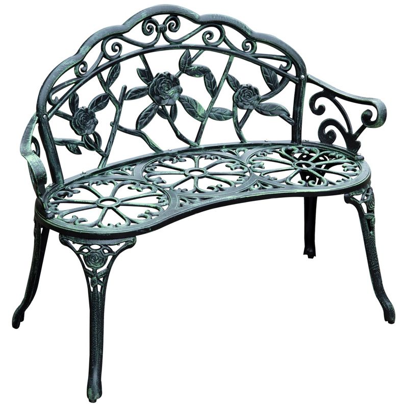 Outsunny Outdoor Bench, Cast Aluminum Outdoor Furniture, Metal Bench with Floral Rose Accent & Antique Finish, Green, 1 of 9