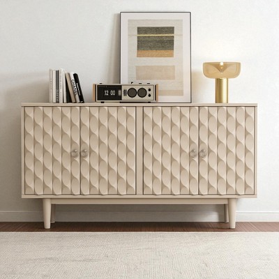 4-Door Sideboard Buffet Cabinet with Convex Pattern Doors, Adjustable Shelves, Silver Handles and Rubber Wood Legs for Kitchen, Dining Room