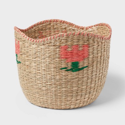 Large Woven Kids' Storage Basket with Pink Flower - Pillowfort™