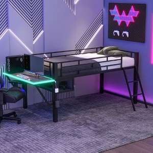 YOOCOZZ Metal Gaming Loft Bed with Wooden Desk, LED Lighting and Mesh Undercarriage Storage - Black - 1 of 4