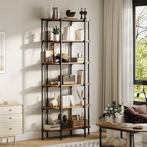 Jojoka 6-Tier Industrial Bookshelf, Tall Vintage Bookcase with Oval Wood Shelves and Black Metal Frame for Living Room, Bedroom, or Home Office - 1 of 4