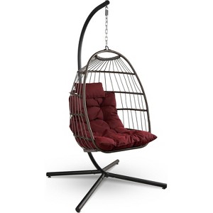 SereneLife SWC888R.5 Hanging Egg Swing Chair with Stand—Rattan Wicker Egg-Shaped Swing, Waterproof Seat Cushion, and Headrest (Red) - 1 of 4