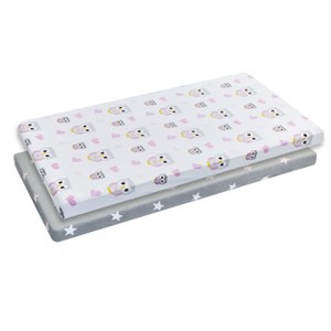 Everyday Kids 2 Pack Baby Girl Cradle Sheets – 100% Cotton Jersey Knit – Soft, Breathable – Owl/Heart & Star Designs in Pink, Gray, Purple - 1 of 4