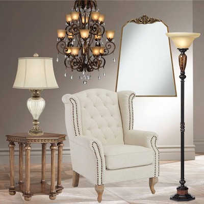Bronze Faux Marble Alabaster Glass Torchiere Floor Lamp