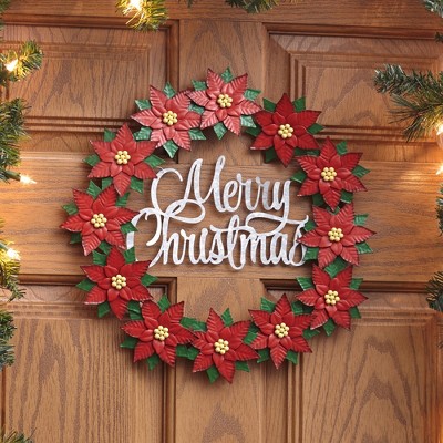 Lakeside Seasonal Metal Poinsettia Wreath with Merry Christmas Sentiment