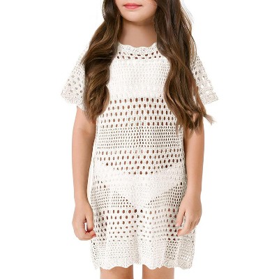 Girls Crochet Short Sleeve Swimsuits Solid Swim Kids Swimwear Beachwear Cover Up Tops
