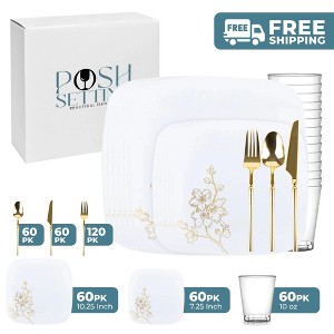 Posh Setting 420 Piece White And Gold Plastic Party Bundle - Gold Buds (60 Settings) - 1 of 4