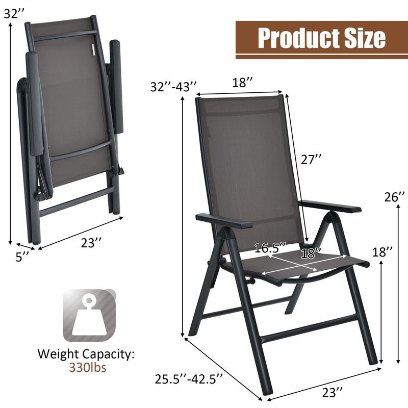 Tangkula 2 Pack Folding Dining Chairs Adjustable Reclining Back Chairs Suitable for Outdoor & Indoor Gray, 4 of 8