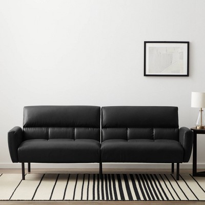 Comfort Collection Futon Sofa Bed with Box Tufting Black Faux Leather - Lucid