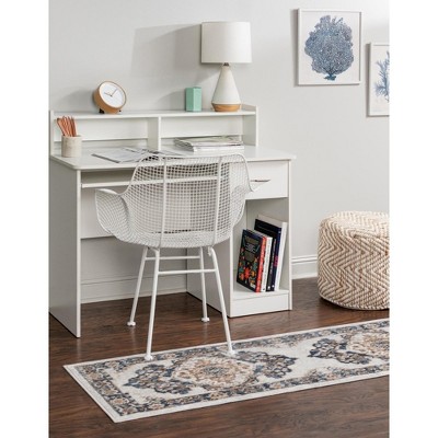 Ivory and Blue Floral Synthetic Runner Rug