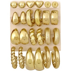 12 Pairs Chunky Gold Hoop Earrings, Lightweight Stackable Huggie Set. - 1 of 4