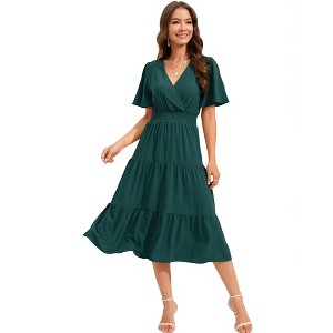 Clearlove Women's Casual V Neck Midi Dress Smocked Waist Tiered Short Sleeve A Line Pleated Flowy Long Dress - 1 of 4