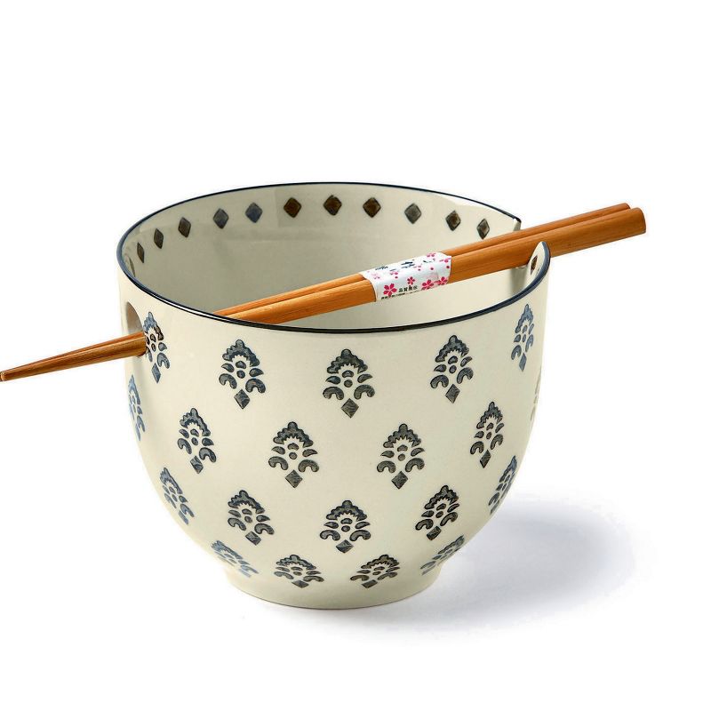 tagltd 16 oz. Henna Printed Stoneware Noodle Bowl with Bamboo Chop Sticks, 3.9L x 3.9W x 5.0H., 1 of 4