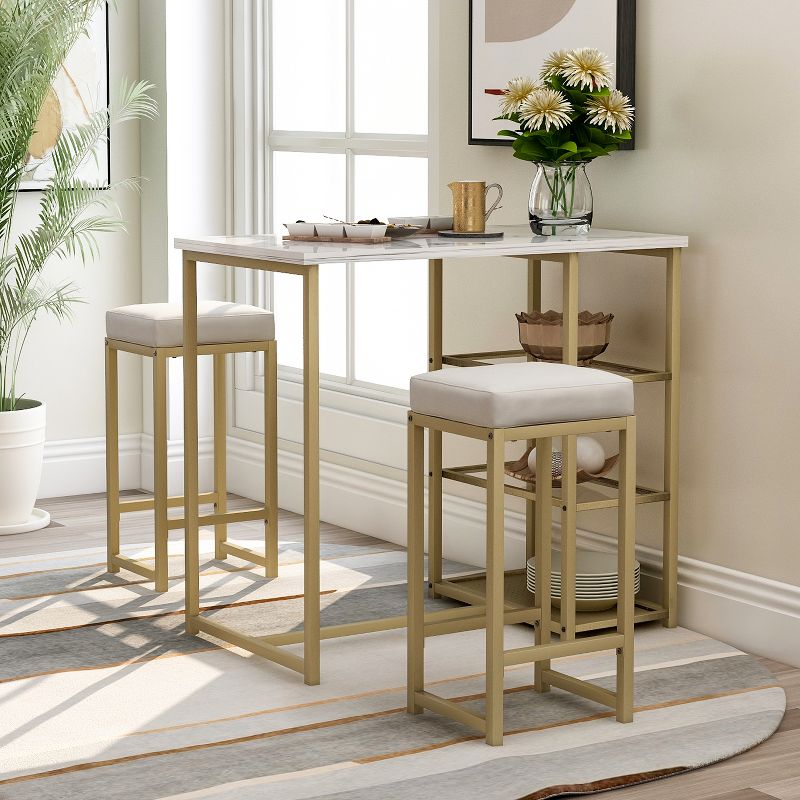 Modernluxe 3-piece Dining Set with Faux Marble Countertop and Bar Stools-Modern, 2 of 5