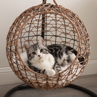 Medium Brown Rattan Hanging Egg Cat Condo with Cotton Cushion