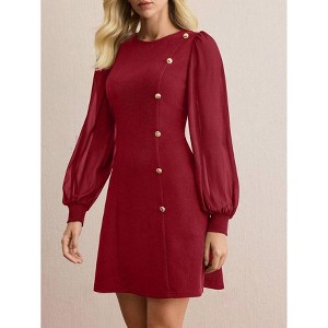 Women Crew Neck Midi Dress Long Lace Sleeve Flowy Fake Button Cocktail Party Mini Dress - 1 of 4