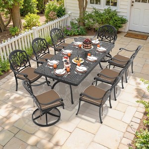 9-Piece Cast Aluminum Patio Dining Set with Rectangle Table, 2 swivel chairs and 6 fixed dining chairs, Brown Cushions and Umbrella Hole - 1 of 4