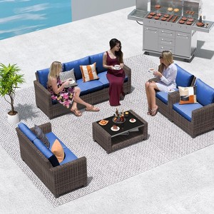 5-Piece Outdoor Patio Sofa Set, PE Wicker Sectional Conversation Furniture with Storage Table and Cushions, Brown and Blue - 1 of 4