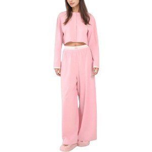 Anna-Kaci Lounge Women's Cropped Button-Up Long Sleeve Pajama Set with Contrast Trim and Wide Leg Pants - 1 of 4
