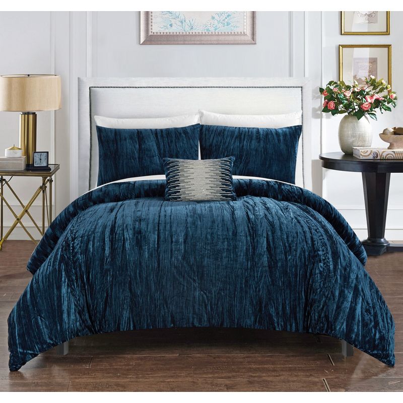 Chic Home Westmont 8 Piece Comforter Set Crinkle Crushed Velvet Bed in a Bag Bedding - Sheet Set Decorative Pillow Shams Included Navy, 1 of 5