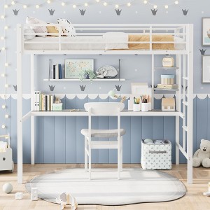 Loft Bed Twin Size with Large Desk and 2-Tier Storage Shelves, Heavy Duty Metal Loft Bed with Ladder and Guardrail for Kids and Adults - 1 of 4