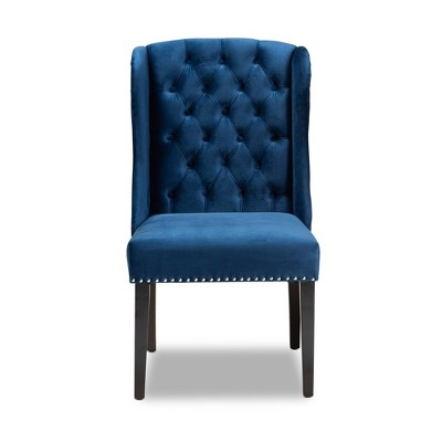 Lamont Navy Blue Velvet and Dark Brown Wood Wingback Dining Chair